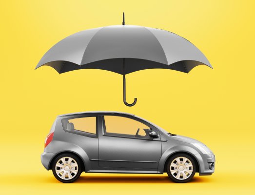 Car under an umbrella against a yellow background